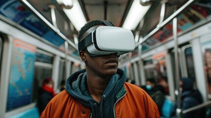 man in virtual reality glasses in a subway car, spatial computer, mask, high technology, VR, device, person, people, portrait, online, game, Internet, future, electronic, 3D, three-dimensionally, tube