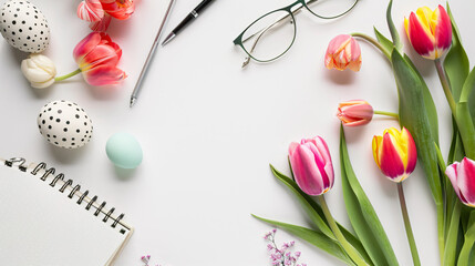 Notebook with eyeglasses Easter eggs and tulips on white