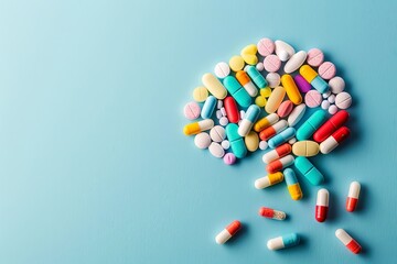Top view of multicolored pills shaped like a brain on blue background.
