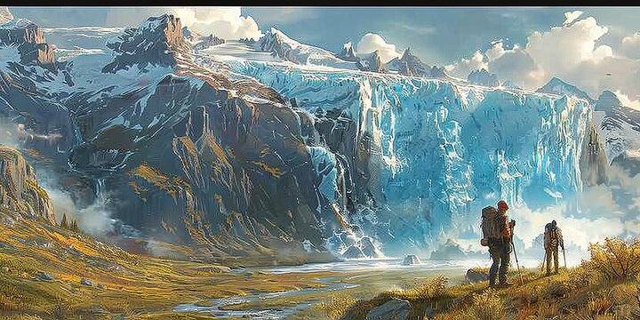 Hikers in awe in front of a glacier wall in the mountains