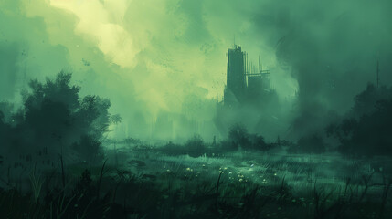 Mystical green swamp with a distant castle shrouded in fog.