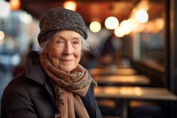 Portrait of a tender woman in her 80s dressed in a warm ski hat in front of bustling city cafe