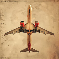 Overhead view of a commercial airplane on grunge background