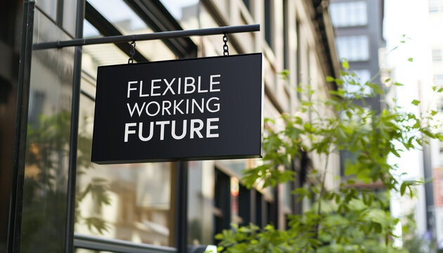 Flexible Working Future sign in front of a modern office building	
