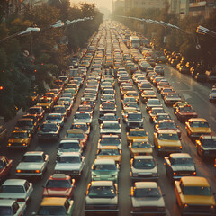 Traffic congestion on a city street at dusk.