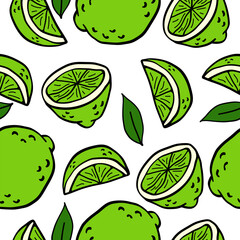 Seamless pattern with green lime. Vector hand drawn illustration.