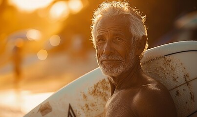 A serene moment in the golden hours--a senior surfer man walking on the beach after a surf session, his face reflecting the satisfaction and joy derived from the connection with the waves.