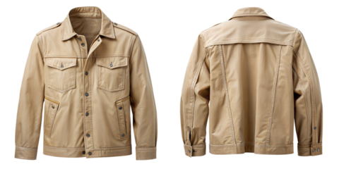 Stylish beige utility jacket shown from the front and back, featuring multiple pockets and a classic design for practical wear.
