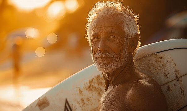 A serene moment in the golden hours--a senior surfer man walking on the beach after a surf session, his face reflecting the satisfaction and joy derived from the connection with the waves.