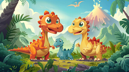 friendly cartoon dinosaurs in a jungle with volcanoes erupting in the background