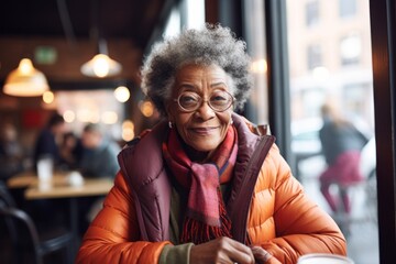 Portrait of a jovial afro-american woman in her 80s wearing a windproof softshell on bustling city cafe - Powered by Adobe