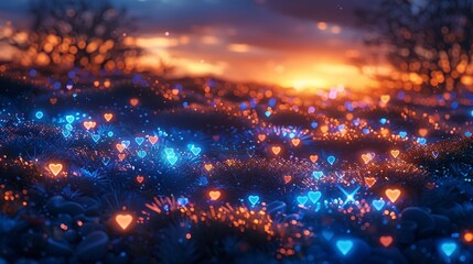 Naklejka premium The blue radiant, vibrant, and orange glowing landscape, with the shimmering and sparkling blue hearts elements casting a peaceful and calming aura. Generative AI.