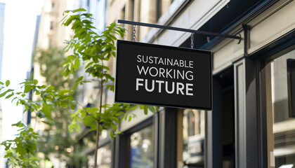Sustainable working future sign in front of a modern office building	
