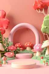 realistic mock up empty high quality photo of pink round podium and on pastel mushroom backdrop,  background, wallpaper