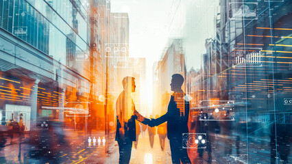 Digital innovation in business interaction, businessmen handshake with holographic data