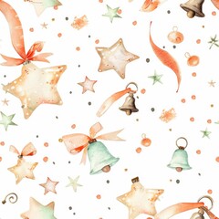 Watercolor painting seamless pattern of a Christmas scene with stars, bells, and a ribbon. The painting is full of bright colors and has a festive, joyful mood.