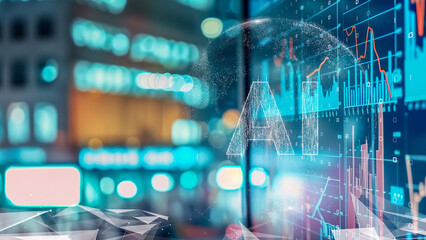 Futuristic cityscape with digital data and holographic projections, vibrant tech scene