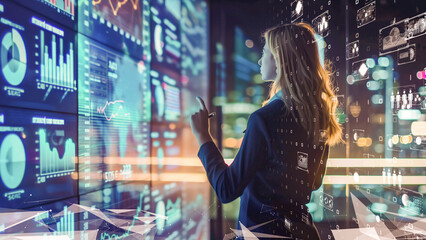 Futuristic finance expert analyzing digital graphs, high-tech environment