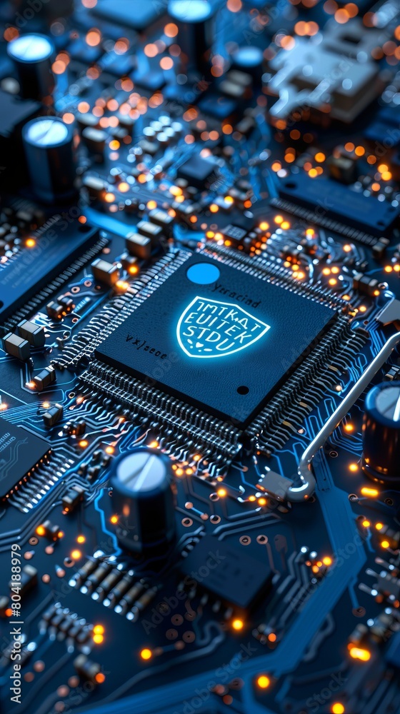Poster security technology concept with shield symbol on a microchip. data flows from the cpu across a futu