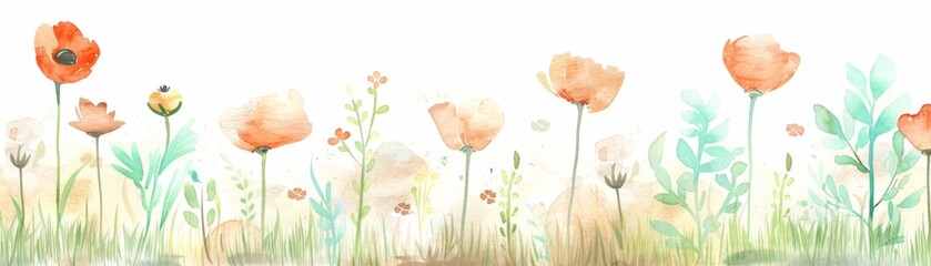 Watercolor painting seamless pattern of a field of flowers with a white background. The flowers are in various colors and sizes, and there are butterflies flying around them.