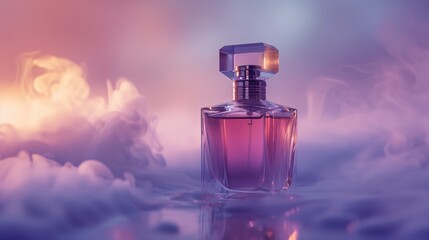 Stylish bottle of perfume shrouded in light smoke