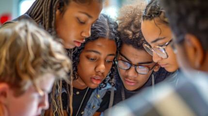 A group of young people are looking at something together