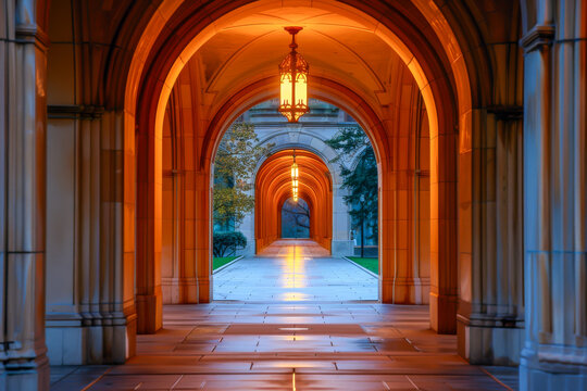 A long hallway with a light shining down on it