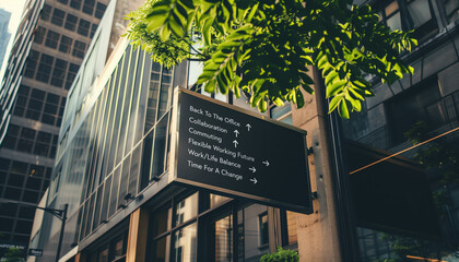 Working future choices on a black city-center sign in front of a modern office building	