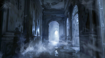 A dark, empty hallway with a foggy atmosphere