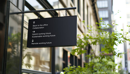 Working future choices on a black city-center sign in front of a modern office building	