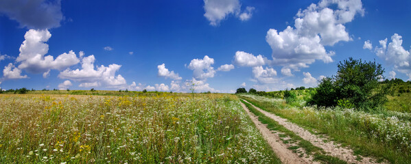 field near country road, rural landscapes with beautiful sky with clouds