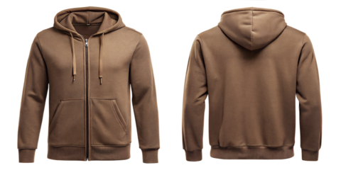 Blank brown hoodie mockup template, front and back view, isolated on white, plain hoodie mockup. Tee sweater sweatshirt design presentation for print.