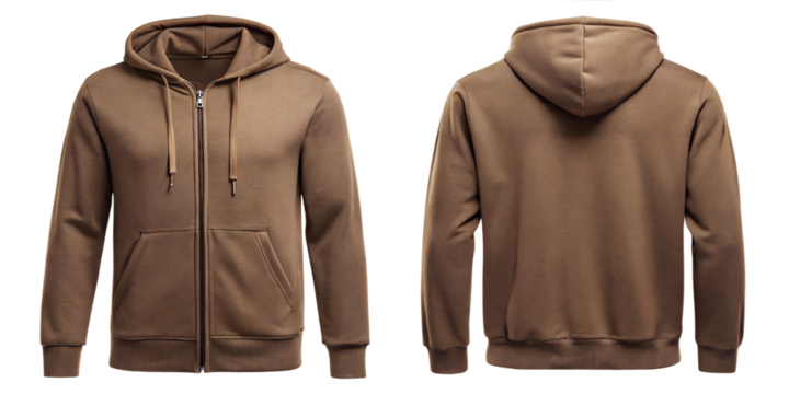 Blank brown hoodie mockup template, front and back view, isolated on white, plain hoodie mockup. Tee sweater sweatshirt design presentation for print.