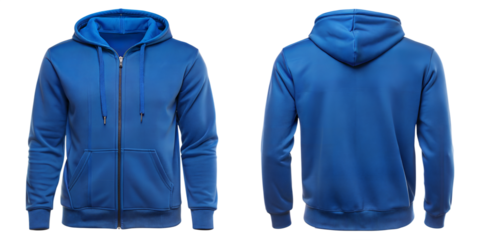 Blank blue hoodie mockup template, front and back view, isolated on white, plain hoodie mockup. Tee sweater sweatshirt design presentation for print.