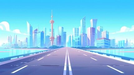 View of a city skyline from a bridge over a sea bay, empty road and a metropolis cityscape with skyscrapers, modern urban architecture. House towers under a blue clear sky, cartoon modern