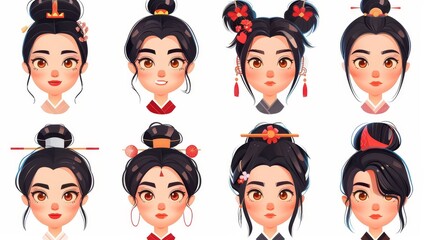 The face of an Asian woman is constructed of different hairstyles, eyes, noses, brows and lips isolated on a white background, modern cartoon set showing the face of a Chinese woman in different