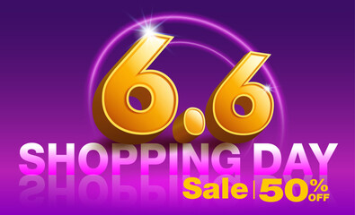 Sale sign or poster with 3D text number 6.6 on purple, pink background and neon lights. Designing promotional campaigns for advertising online shopping on social media.
