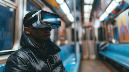 man in virtual reality glasses in a subway car, spatial computer, mask, high technology, VR, device, person, people, portrait, online, game, Internet, future, electronic, 3D, three-dimensionally, tube