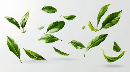 Flying green foliage with falling tea leaves on transparent background. Floral organic elements, 3D modern illustration, set for packaging design, advertising, promotional materials.