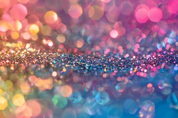 Closeup of vibrant, colorful lights creating a blurry and shimmering effect, with sparkling textures and varied hues