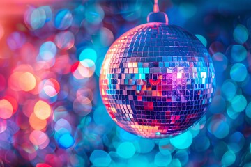 Shiny disco ball hanging from string, reflecting colorful lights, creating a dazzling effect in a commercial setting