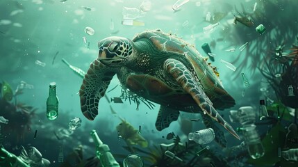 Fototapeta premium Ultra Realistic close up of sea turtle swimming among plastic bottles and debris in the ocean