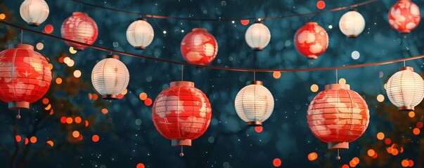 Paper red-white asian japanese chinese lanterns chochin akachochin shines on dark sky. A garland of paper lanterns glows at night.