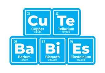 Vector text: CUTE BABIES composed of individual elements of the periodic table. Isolated on white background.