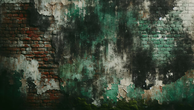 grunge, dunkler Hintergrund mit Steinwand, grün schwarz, rostiges Metall. Als Textur oder Wallpaper