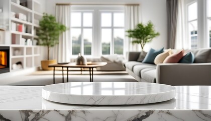 Minimalist White Marble Podium, front view focus, with a Clean Scandinavian Living Room. Generative Ai illustration