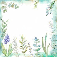 Watercolor painting of a field of flowers with a white background. The flowers are of various sizes and colors, including purple, green, and yellow. The painting evokes a sense of tranquility