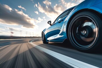 A high-speed blue sports car speeding down a highway with motion blur, showcasing its agility and...