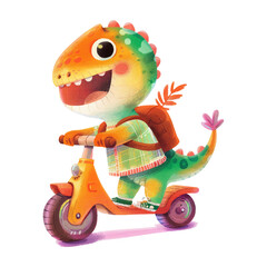 Cute dino riding scooter watercolor