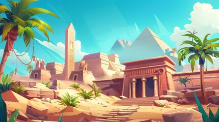 In the desert in Egypt, archeology excavation next to ancient pyramid, Egyptian obelisk hanging on ropes and entrance to the tomb of the pharaoh, modern cartoon illustration.